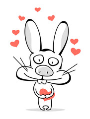 Funny bunny with red hearts. Vector illustration