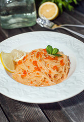 Spaghetti with red caviar