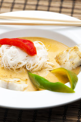 Thai curry with cod and rice noodles