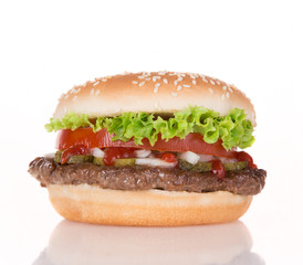 delicious hamburger over white