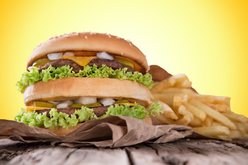 delicious hamburger on wood