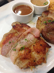 grilled pork , ham and chicken steak with pepper sauce