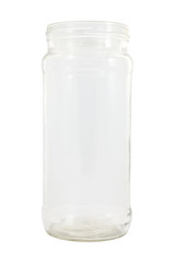Front of glass bottle with opened cover on white background.