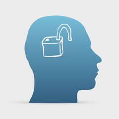 Human head with hand drawn open lock icon