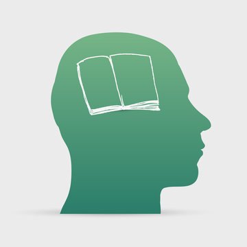 Human head with hand drawn open book icon
