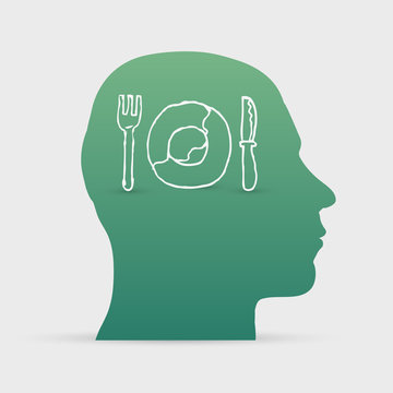 Human head with hand drawn plate, fork and knife icon
