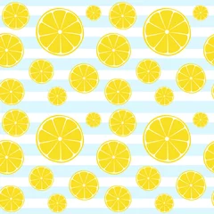 Fototapete Zitronen Zitronenscheiben blau weiß gestreiftes nahtloses Muster