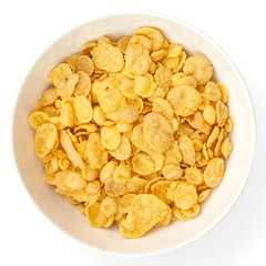 Bowl of cornflakes on white surface