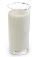Tall glass of milk over a white bachground