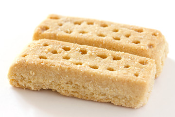 Classic shortbread finger biscuits on white surface