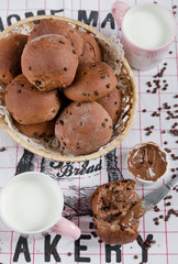 Homemade fresh chocolate buns bread in a basket
