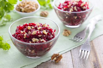 Salad from boiled beetroot and walnuts