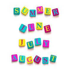 Words "summer", "june", "july", "august" with colorful blocks