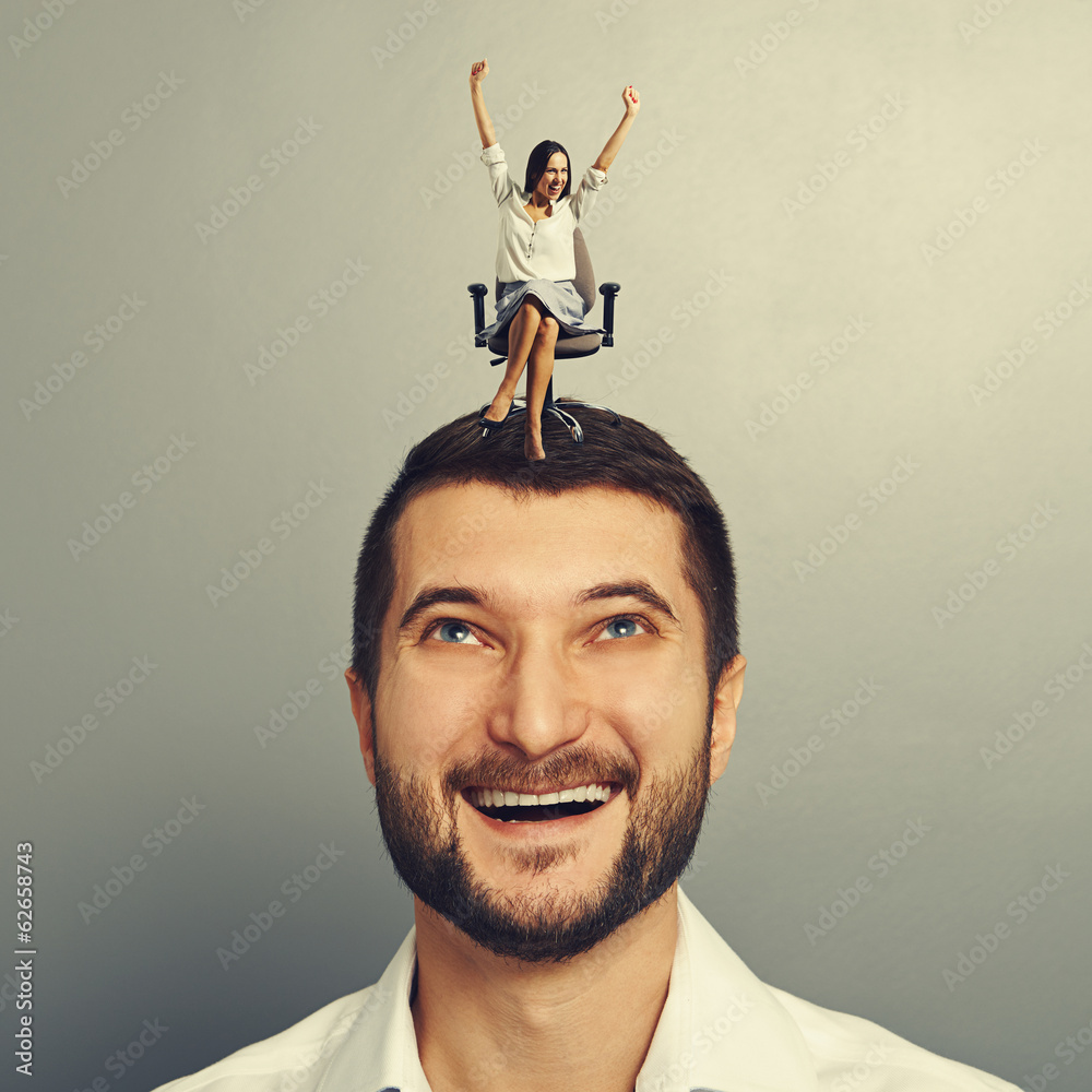 Sticker happy young woman sitting on the head