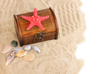 Chest with starfish on it and seashells on sand