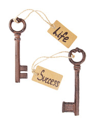 Keys to happiness, Conceptual photo. Isolated on white