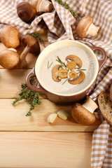 Fototapeta premium Mushroom soup in pot, on napkin, on wooden background