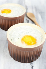 Baked eggs close up
