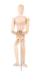 Wooden small mannequin with money isolated on white
