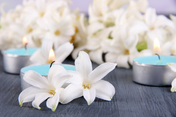 Naklejka na ściany i meble White hyacinth with candles on wooden background
