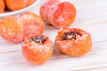 Delicious cookies peaches on table close-up