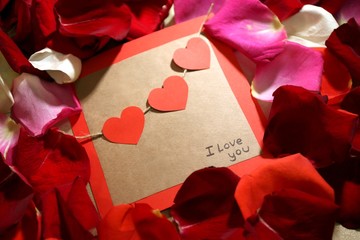 Beautiful red rose petals and greeting card, close up