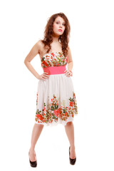 Full length woman girl in summer floral dress isolated. Fashion.