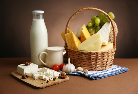 Basket with tasty dairy products