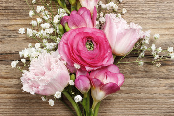 Pink persian buttercup flower, freesia flower, tulip