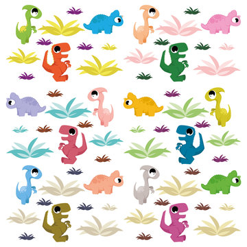 A Vector Cartoon Cute And Colorful Group Of Dinosaurs
