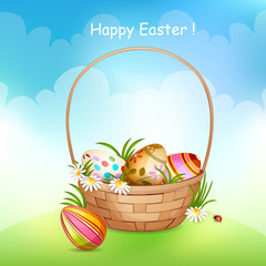 Illustration of basket full of colorful decorated Easter eggs .