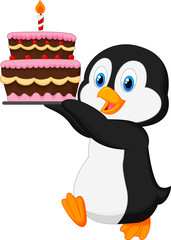 Cute penguin holding birthday cake
