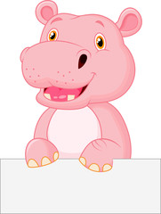 Obraz na płótnie Canvas Cute hippo holding blank sign