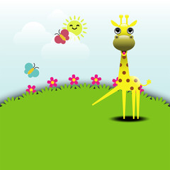 Vector illustration of cute giraffe standing in grassland