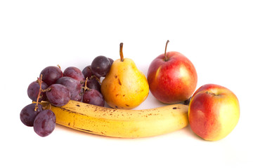 banana, apple, grapes are isolated on white