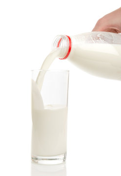 Bottle pouring milk into a glass.