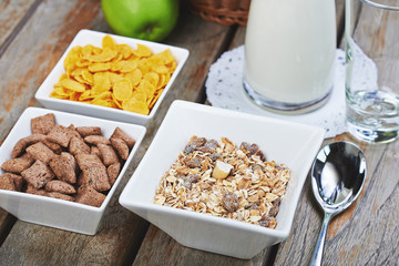 Tasty breakfast of muesli, fresh milk and apples