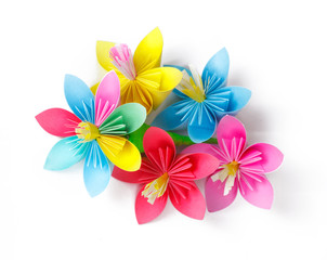 Many colored paper flowers and flower with varicolored petals