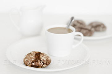 Chocolate crinkles cookies on a plate, white background