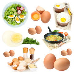 Collage of different dishes with eggs isolated on white