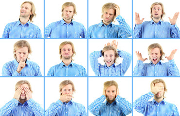 Collage of handsome emotional man isolated on white