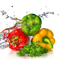 red, yellow, green pepper and parsley with water splash isolated