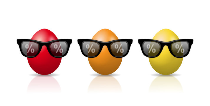 Bunte Comic-Eier mit Sonnenbrillen als Symbol f&uuml;r Osterrabatt