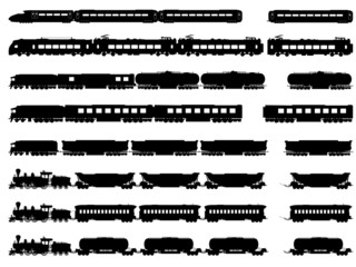 Vector silhouettes of trains and locomotives. - 62677793