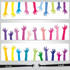 Viele bunte Hände. Helfende Hände sind gemeinsam stark. Stärke zeigen und gemeinsam die Zukunft meistern. Solidarität üben und helfen. Banner - Hintergrund
