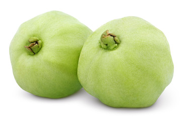Two green guavas isolated on white with clipping path