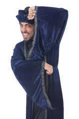 Old martial arts master in blue kimono on white