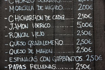 Tapas menu in Seville, Spain