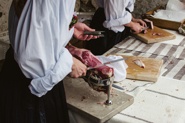 tasting of raw food during a traditional event in Sardinia