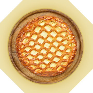 Wooden dish with cheese pie.